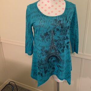 Paris bling Eiffel Tower Woman’s Top Sz Large Petite NWOT lightweight Pixie hem